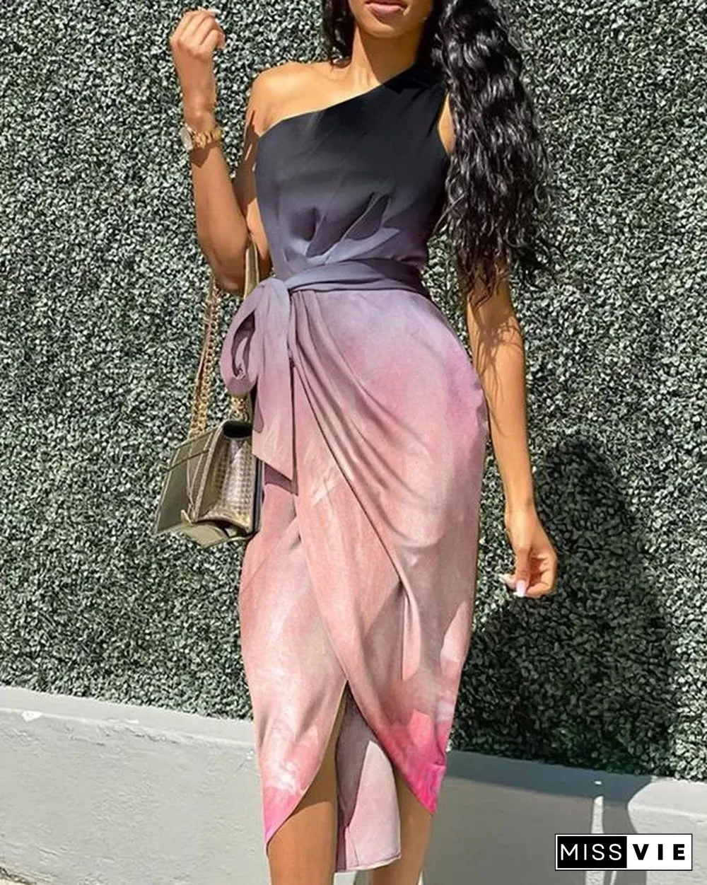 Butterfly Print Oblique Shoulder Irregular Dress