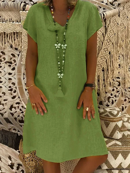 Casual Cotton-Blend V-Neck Short Sleeve Dresses