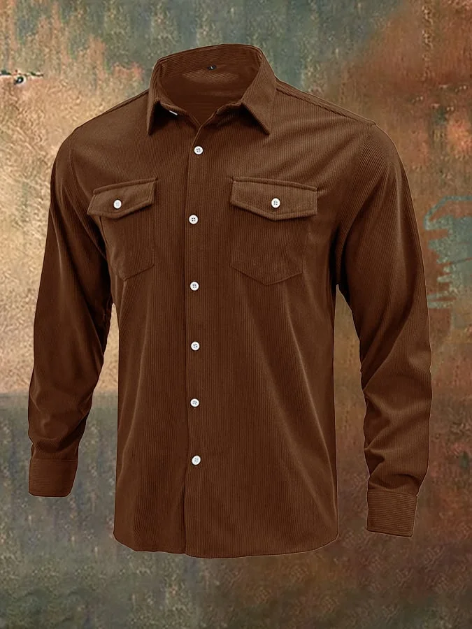Men's Fall and Winter Solid Color Pocket Corduroy Vintage Shirt