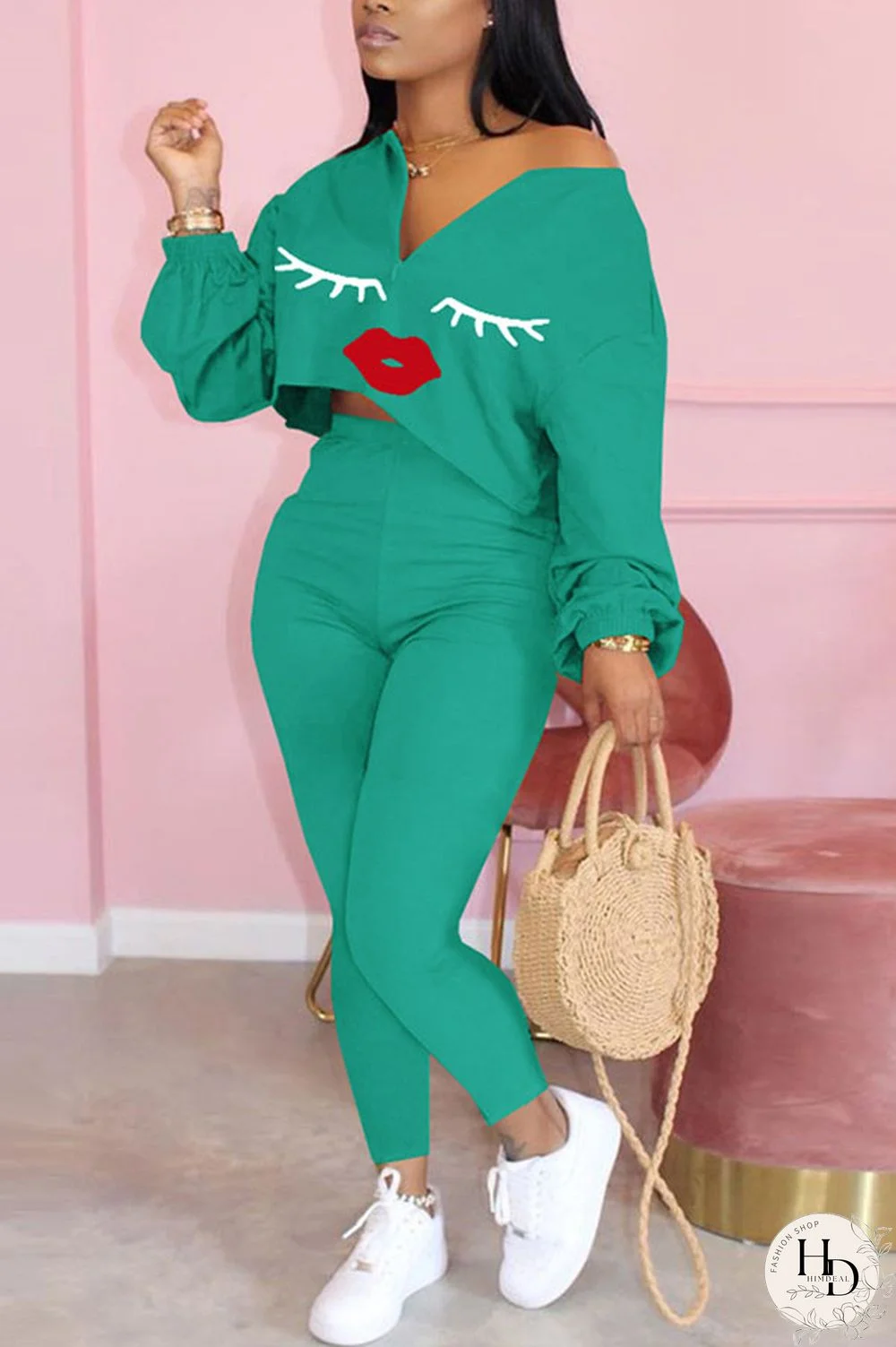 Yellow Sexy Print Lips Print pencil Long Sleeve Two Pieces