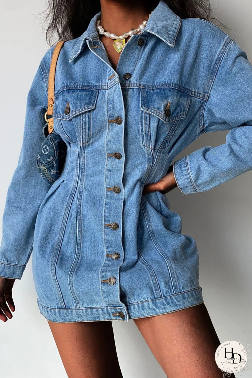 Fashion Casual Solid Split Joint Turndown Collar Long Sleeve Regular Denim Dresses