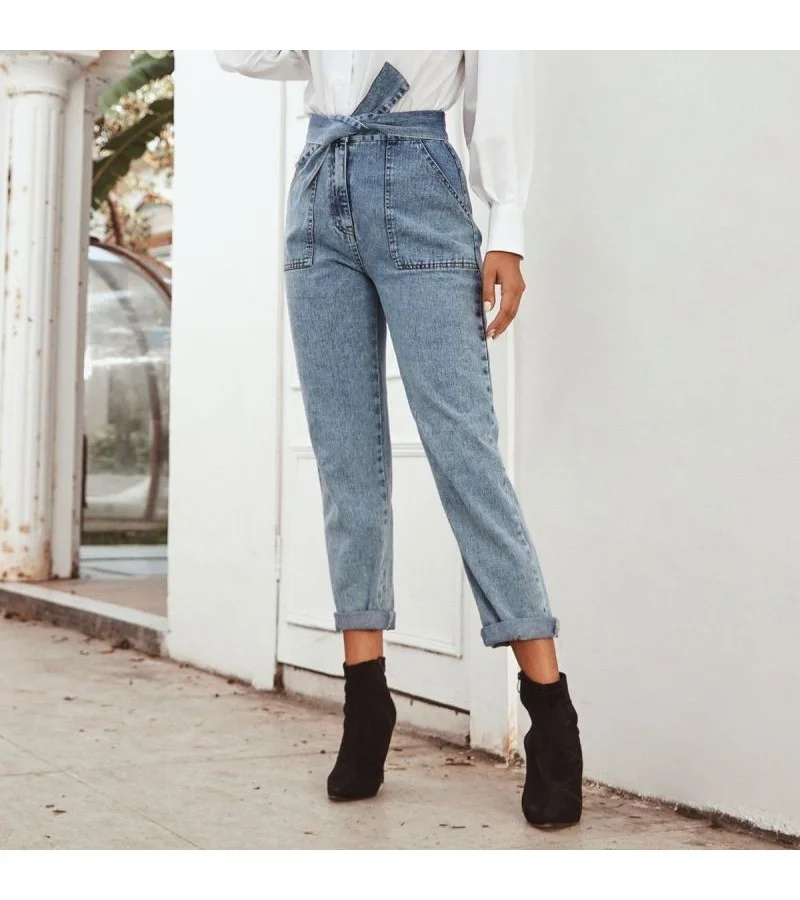 High Waist Lace-up Women Straight Jeans XS-L