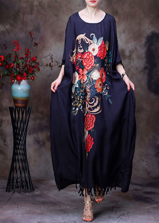 VCSHOES Loose Black O-Neck Tassel Floral Print Silk Long Dress Gown Batwing Sleeve