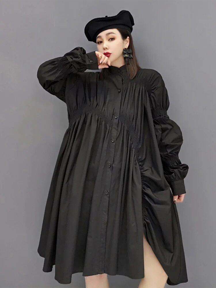 Fashion Black Stand Collar Long Sleeve Split Loose Dress