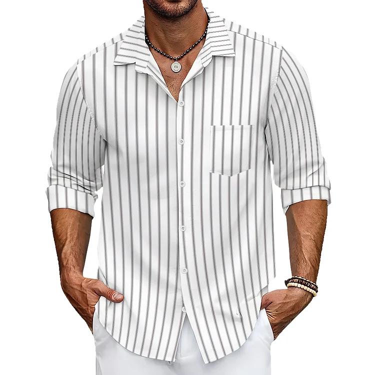 Men Shirt Apricot Stripe Checkered Loose Casual Collar Trendy Jacket Shirt