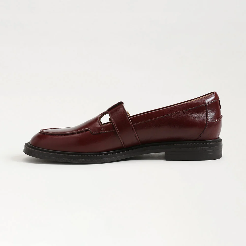 Maroon Slip-On T-Strap Round Toe Flat Mary Jane Shoes with Buckle