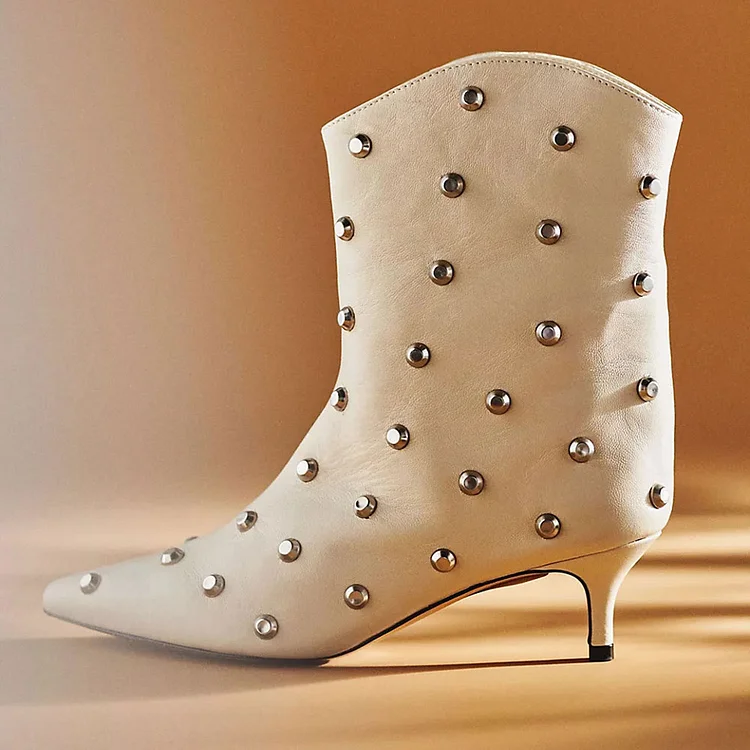 Beige Pointed Toe Studs Ankle Boots Kitten Heel Booties for Women |FSJ Shoes