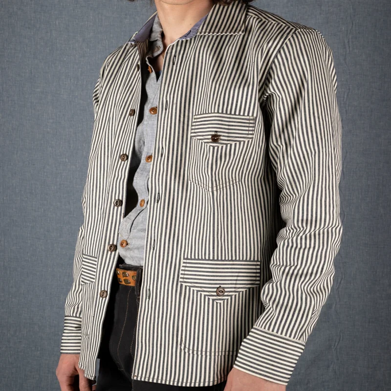 Vintage Point Collar Striped Flap Chest Pocket Work Jacket