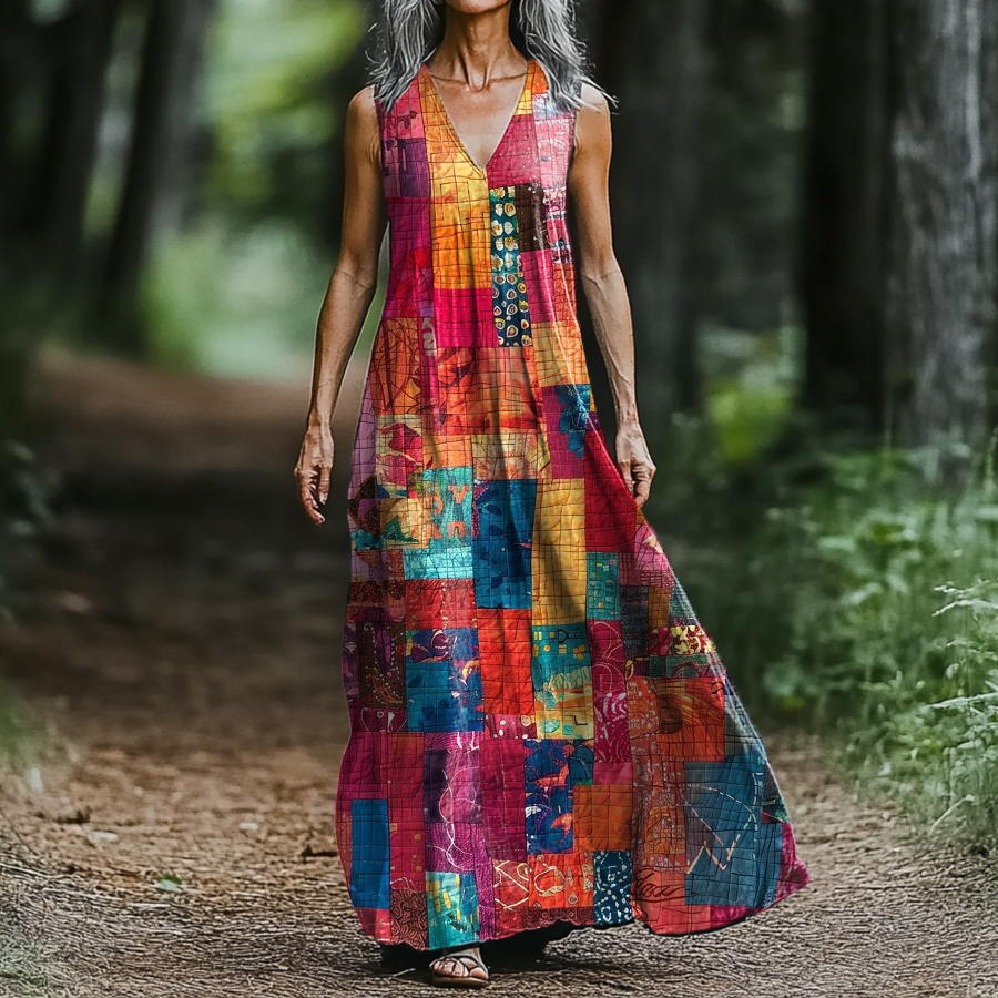Comstylish Women's Art Painting Colorful Patchwork Print V Neck Tank Dress