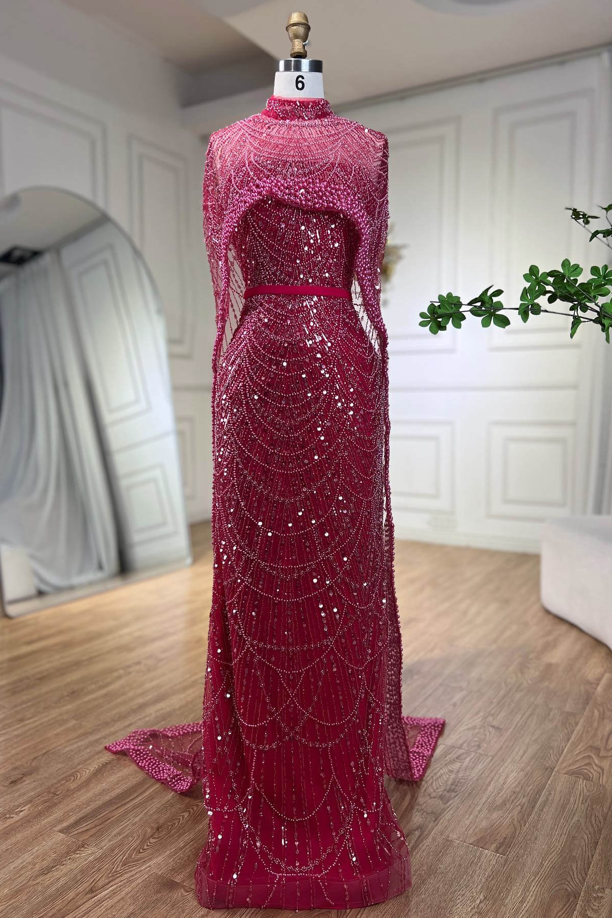 Bellasprom Fuchsia High Neck Mermaid Evening Gown With Sequins Pearls Cape Bellasprom