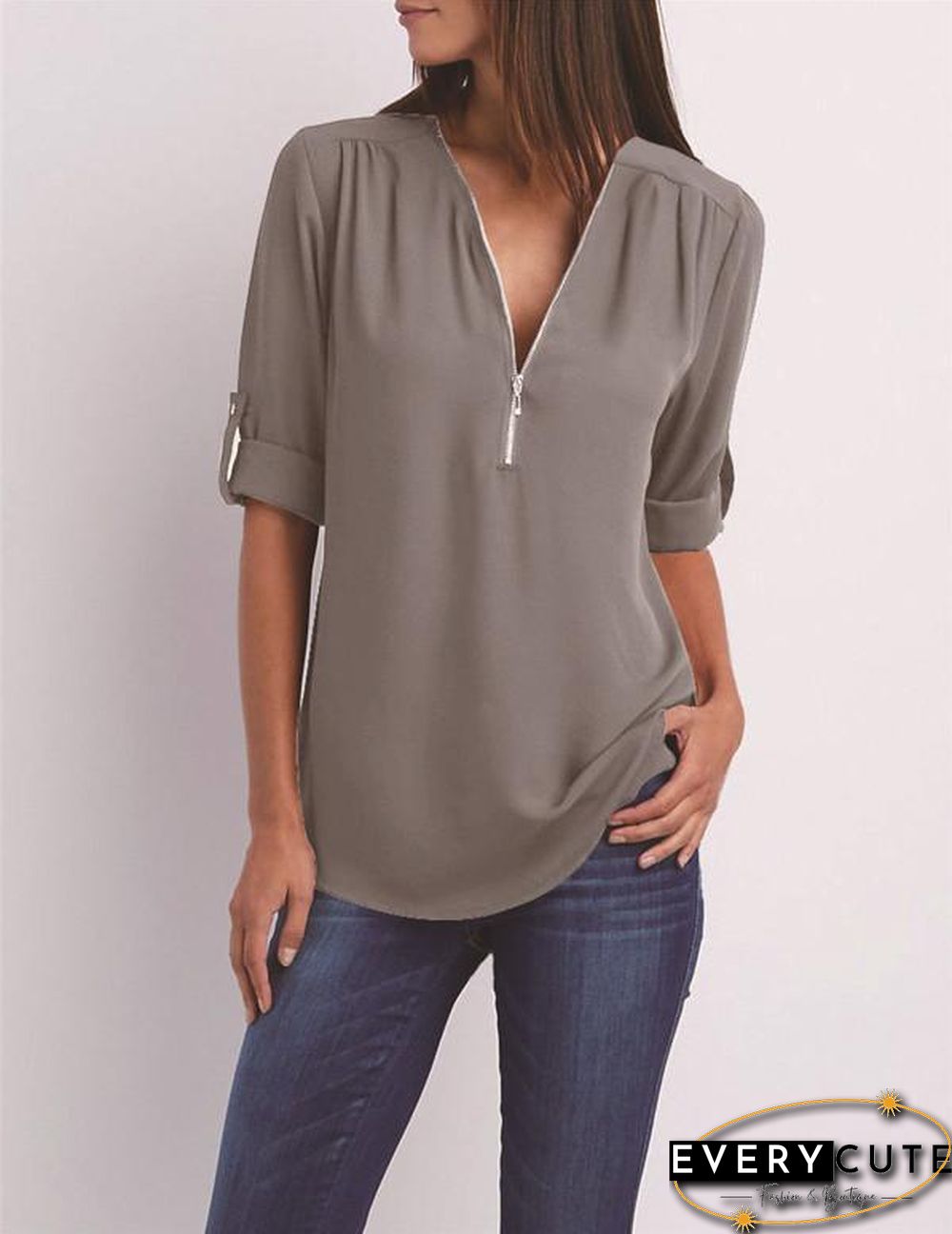 Chiffon Half Sleeve Zipper Solid V neck High Low Blouse