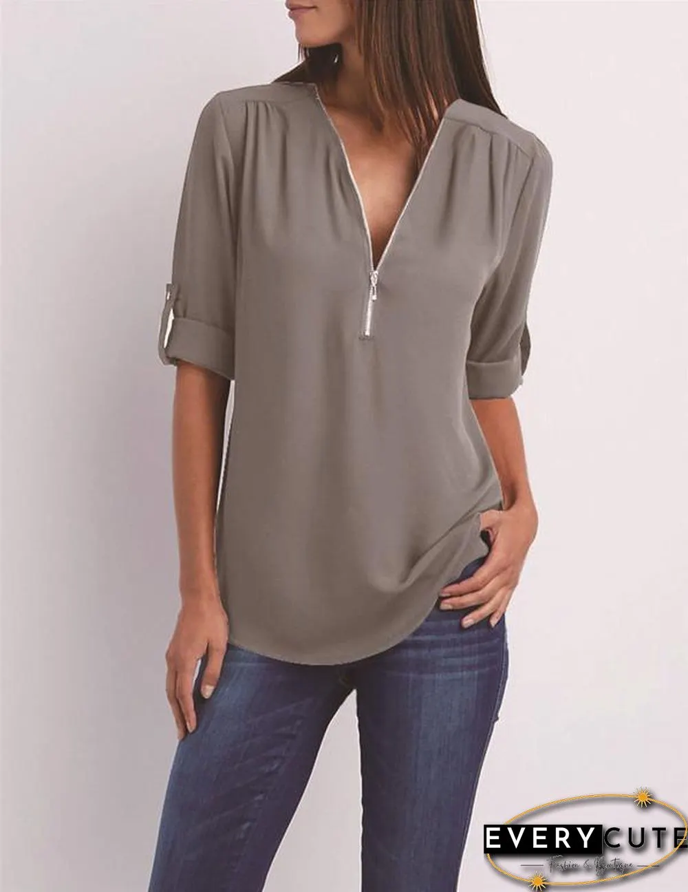 Chiffon Half Sleeve Zipper Solid V neck High Low Blouse
