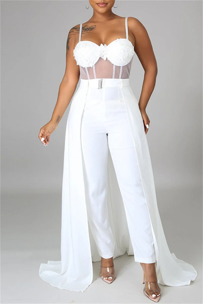 Fashion Sexy Patchwork Solid See-through Backless Spaghetti Strap Skinny Jumpsuits