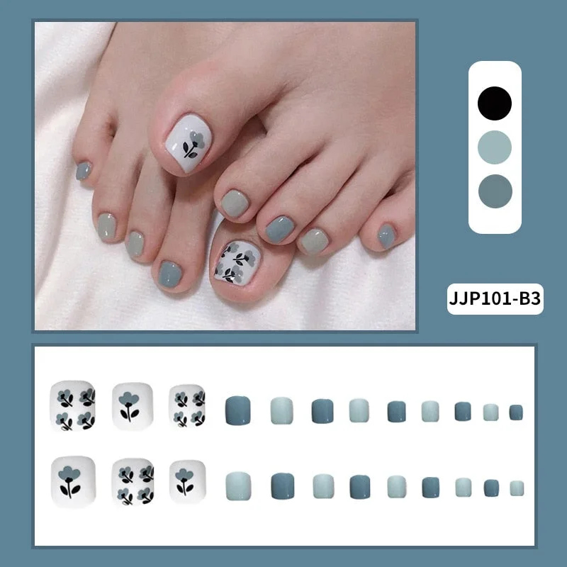 24pcs Plaid Printed Toenails Patch Removable Short  Full Finished Detachable Manicure False ToeNails Tips Press On Toe Nail-Nail Inspo
