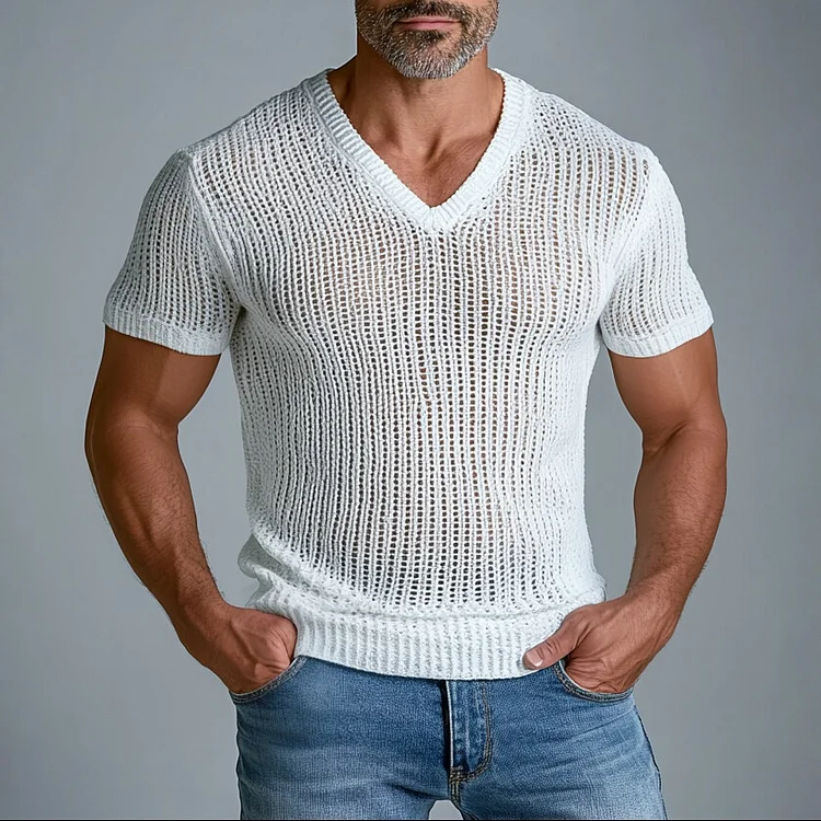 Men's Knitted Hollow Out V Neck Short Sleeve T-Shirt