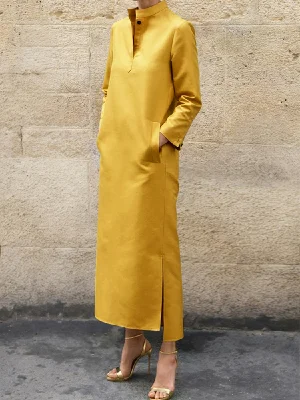 Image of Long Sleeves Loose Solid Color Split-Side Stand Collar Midi Dresses