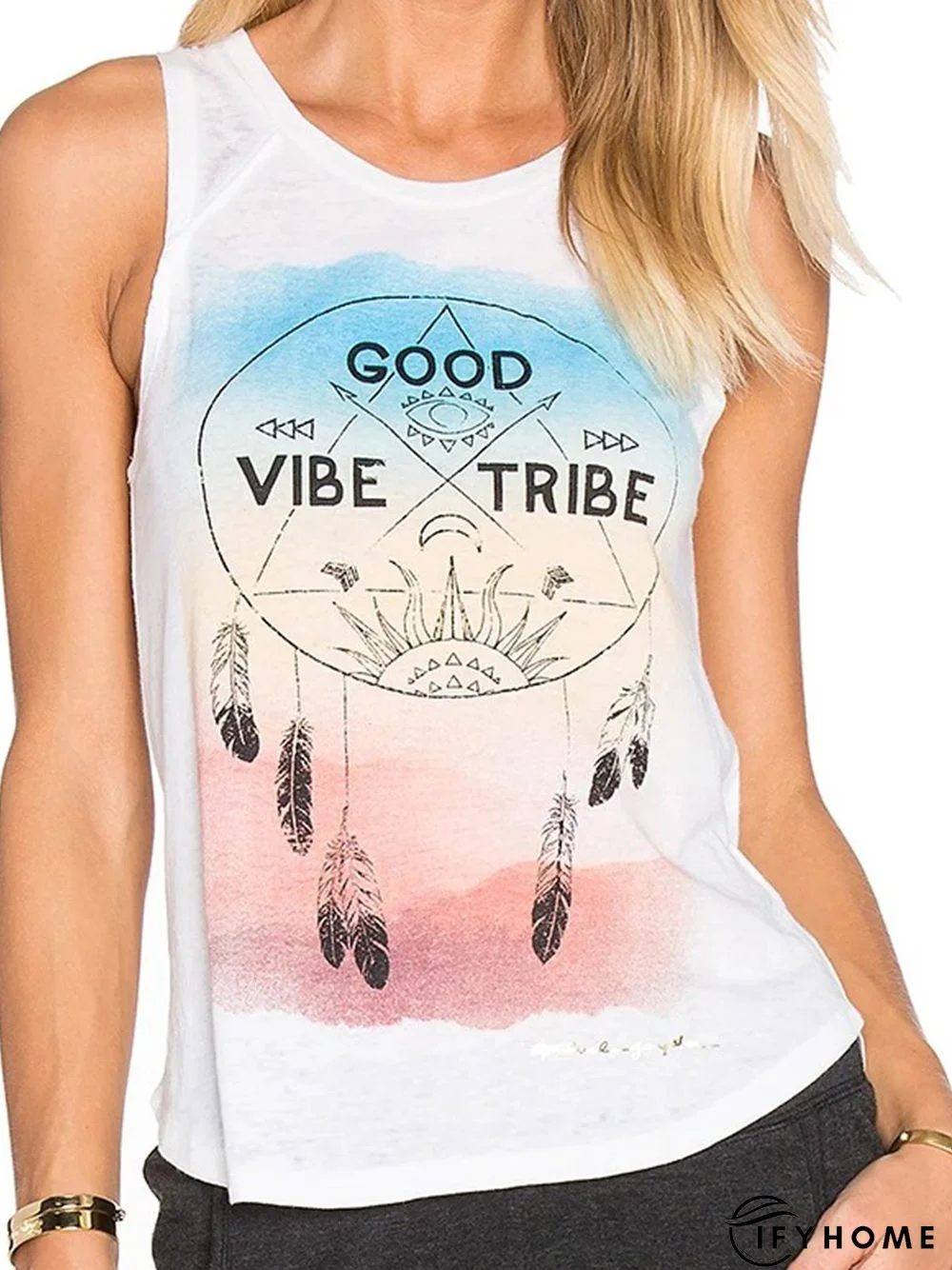 White Shift Casual Club Party Daily Printed Sleeveless Shift Tanks & Camis | IFYHOME