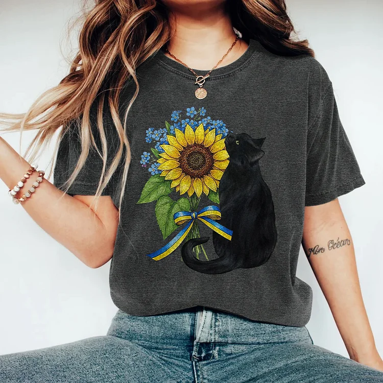Simpfit Schwarzes Damen-T-Shirt mit Rundhalsausschnitt und Sonnenblumen-Print
