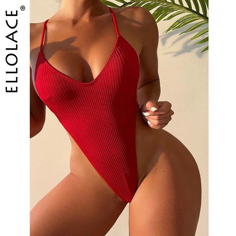 Billionm Ellolace One-Piece Thong Swimsuit High Cut Backless Monokini Solid Whole Swimwear Ribbed Bikini Sexy Harajuku Bathing Suit