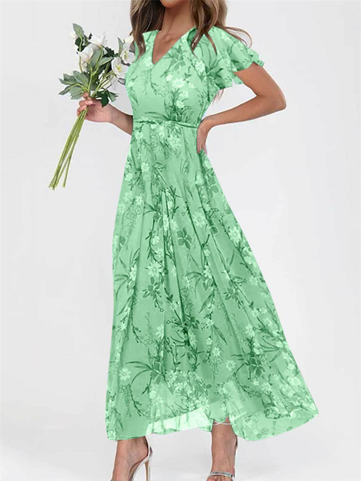 Explosive Dresses Plus Size Women's Fashion Sexy Dress Chiffon V-neck Printed Long Dresses