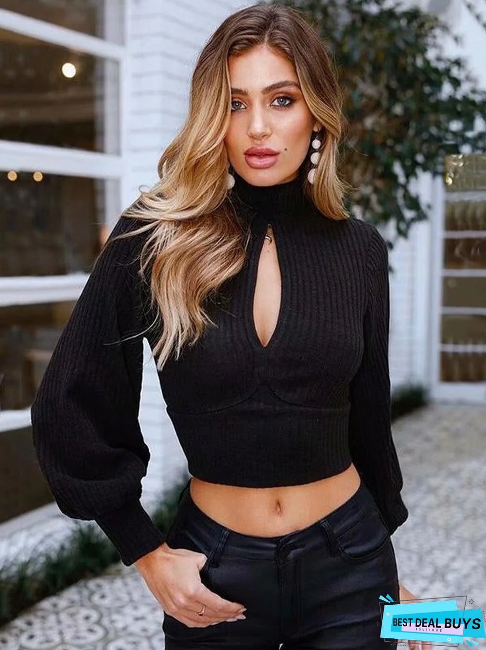 Hollow Backless Bowknot Puff Sleeves Sweater Tops