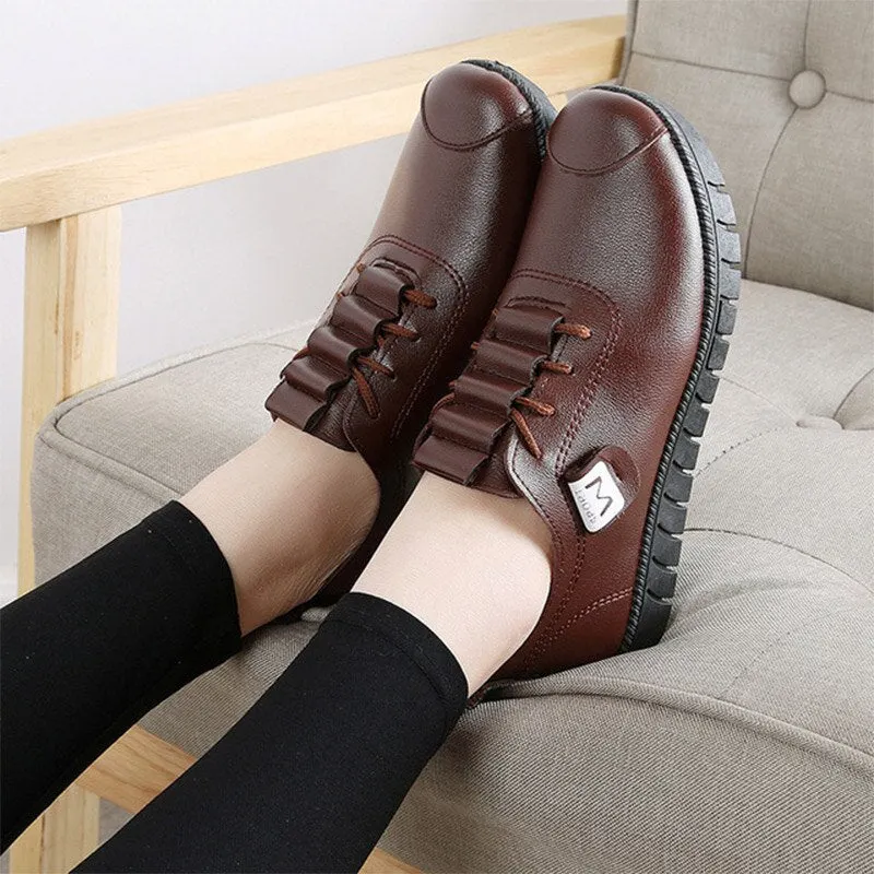Women Shoes Autumn Winter Pu Leather Women's Flat Walking Shoes Lace up Sneakers 2020 Woman Sewing Plush Warm Female Footwear