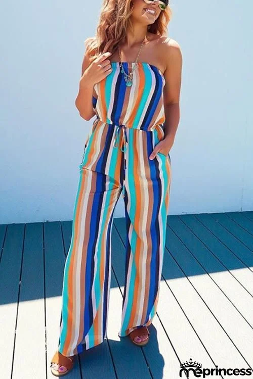 Stripe Strapless Drawstring Jumpsuit