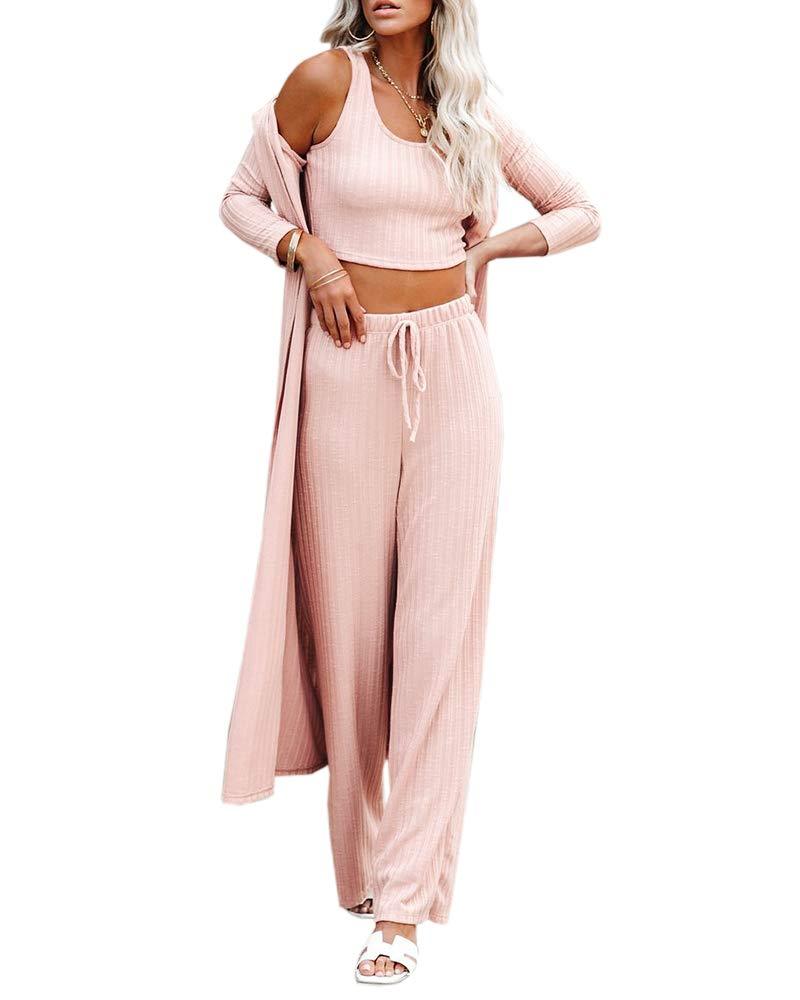  thdmladies Ribbed Cardigan + Cropped Tank +Flare Pants 3 Piece Set thedmladies