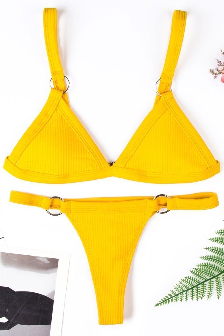 Yellow Ribbed Metal Ring Triangle Bikini-elleschic