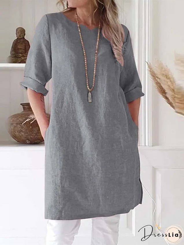 Cotton Linen Dress Mini Dress Cotton Cotton Blend Casual Comfort Home Split Neck Pocket Rolled Cuff Half Sleeve Summer Spring Loose Fit Pink Light Blue Gray Pure Color S M L XL 2XL for Women