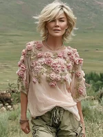 Women's Vintage Rose Embroidered Linen Blend T-shirt