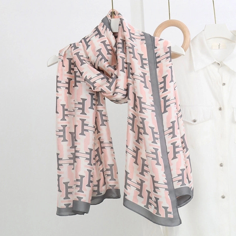Women’s Fashion Letter Plaid Satin Printing Silk Scarves