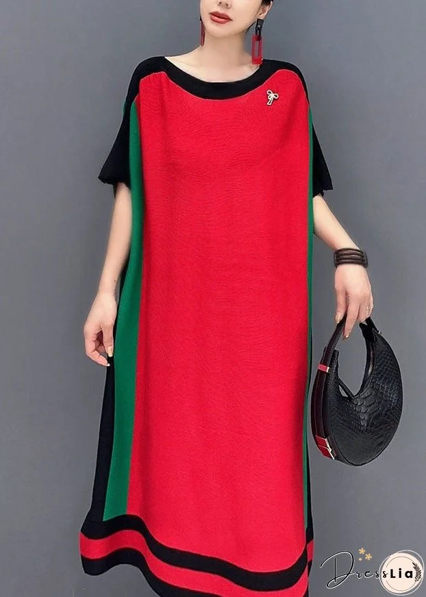 Loose Red O-Neck Knit Sweater Dresses Short Sleeve
