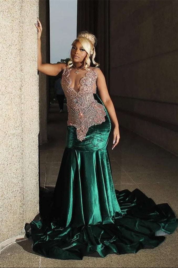 Bellasprom Dark Green Velvet Mermaid Prom Dress Sleeveless Long With Beadings Bellasprom