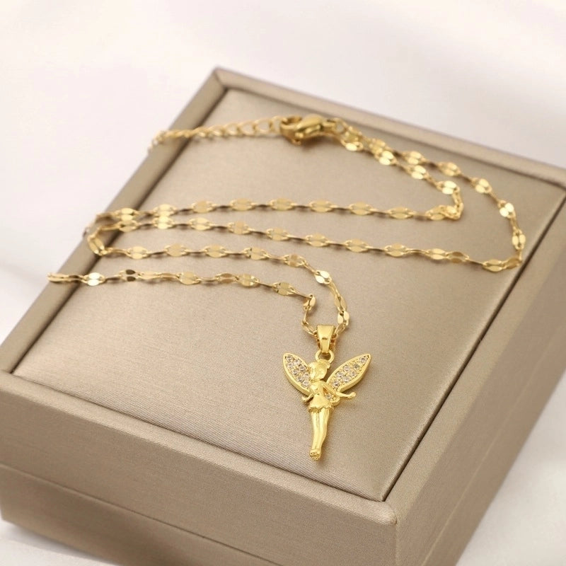 Titanium Steel Copper IG Style Minimalist Plating Inlay Angel Zircon Pendant Necklace