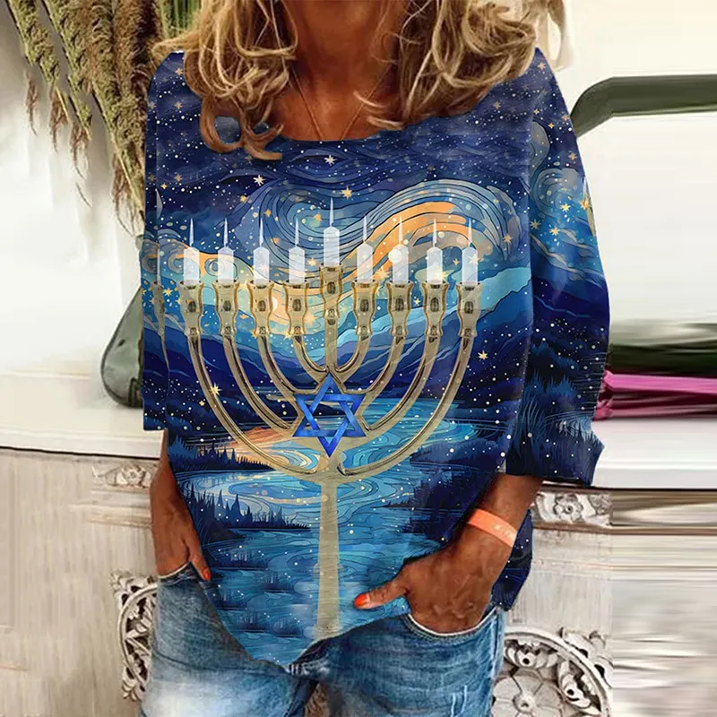 Women's Hanukkah Menorah Print Casual T-Shirt