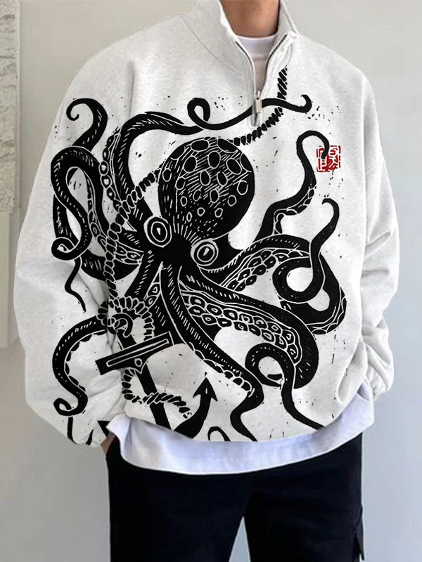 Men's Black Octopus Japanese Lino Art Cadet Collar Sweatshirt