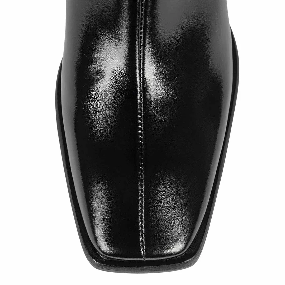 YDN Square Toe Side Zipper Short Chunky Heeled Boots in Black