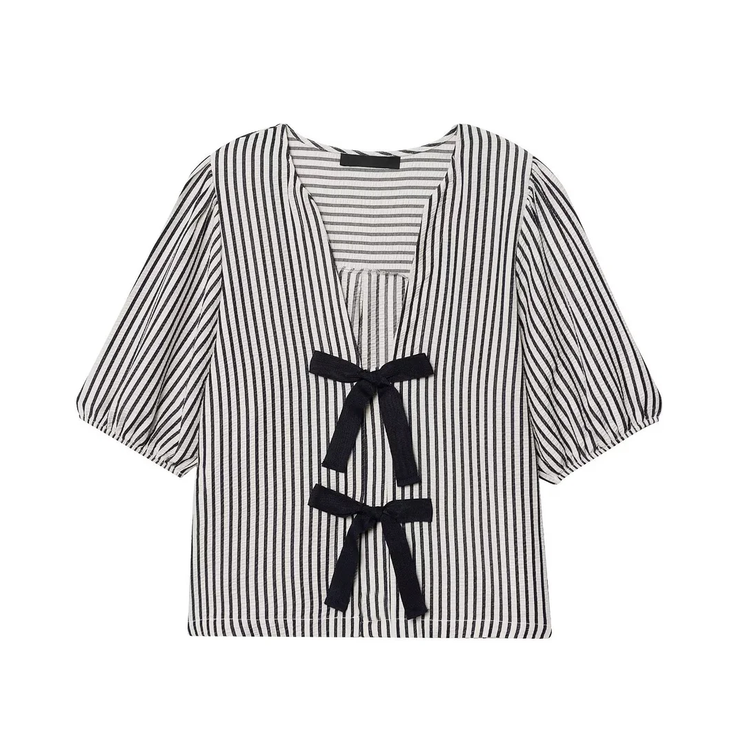 Nigikala Nigikala Spring New Women's Street Fashion Cotton Bow Tie With Striped Hoodie 1165057