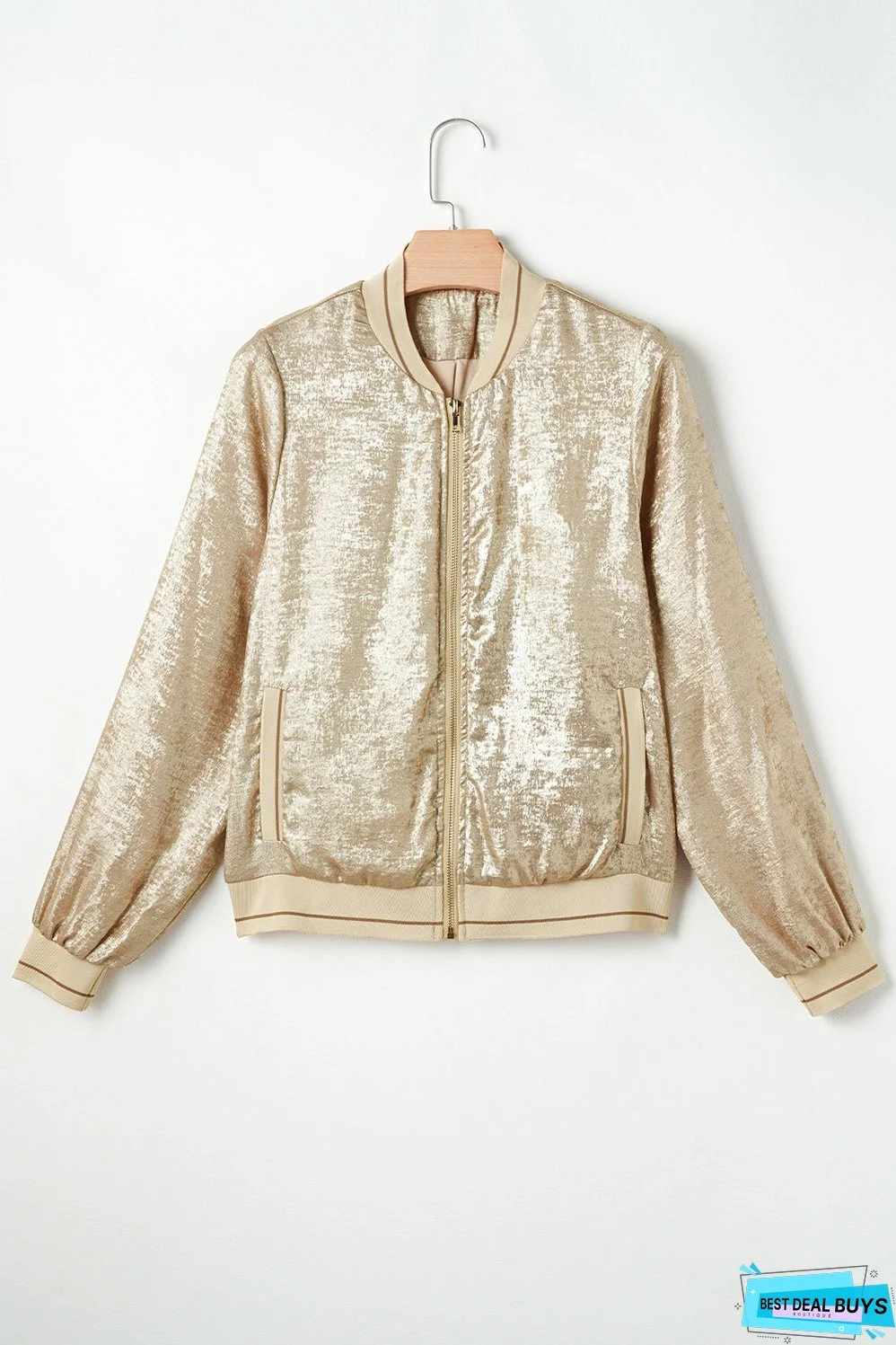 Pale Khaki Metallic Zip up Baseball Jacket