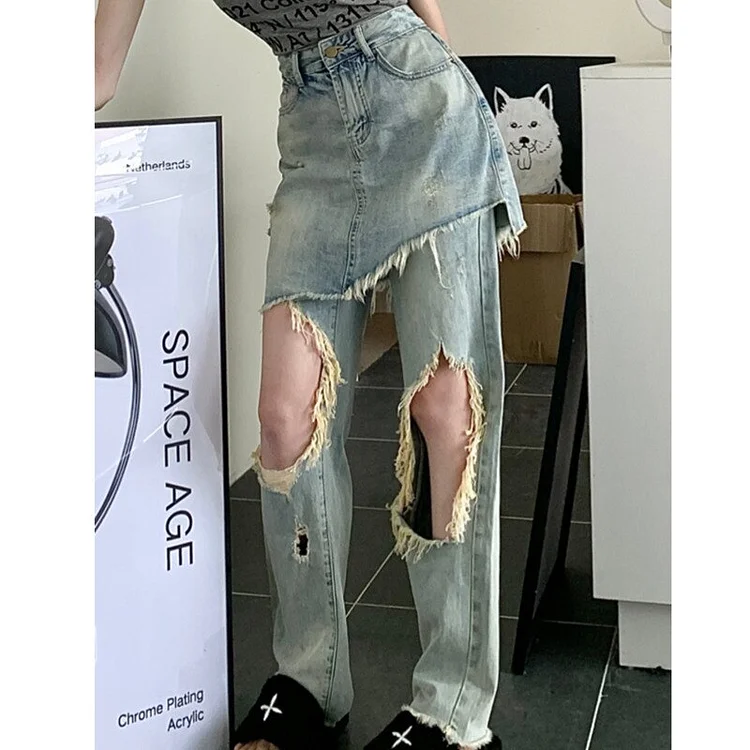 Y2k High Waist Patchwork Knee Hollow Out Wide Leg Jeans   