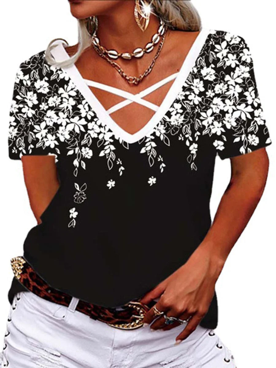 Women Short Sleeve V-neck Casual Geometric Floral Printed Top