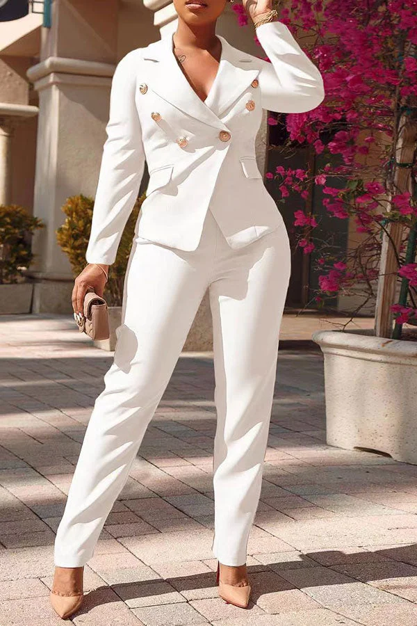 Fasheicon Solid Color Modern Double Breasted Pant Suit