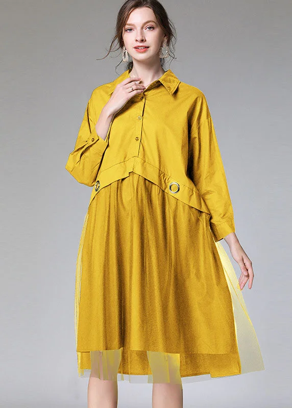 Women Yellow Patchwork Tulle Dress Fall