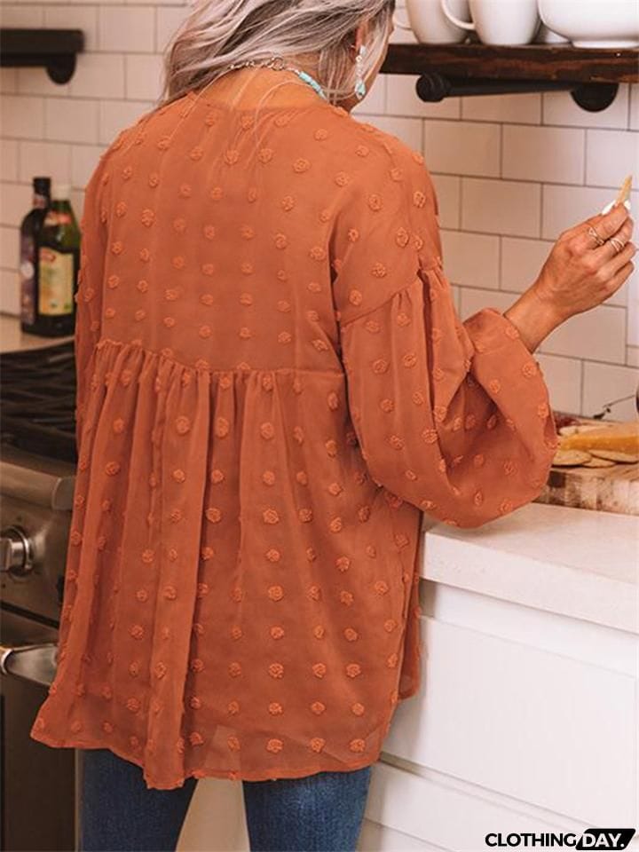 Relaxed Fit Oversized V Neck Semi Sheer Long Sleeve Swiss Dot Lightweight Blouse