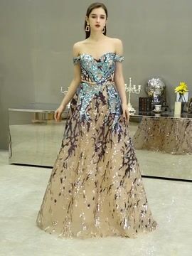 Off Shoulder A Line Sequined Organza Prom Evening Shower Party Dress Pageant Celebrity Gown
