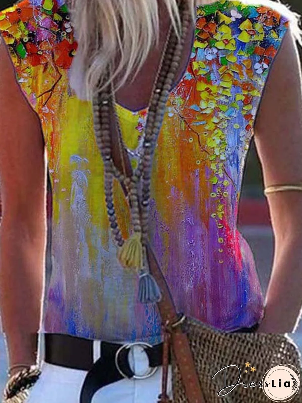 Printed Sleeveless Casual V Neck Shirts & Tops