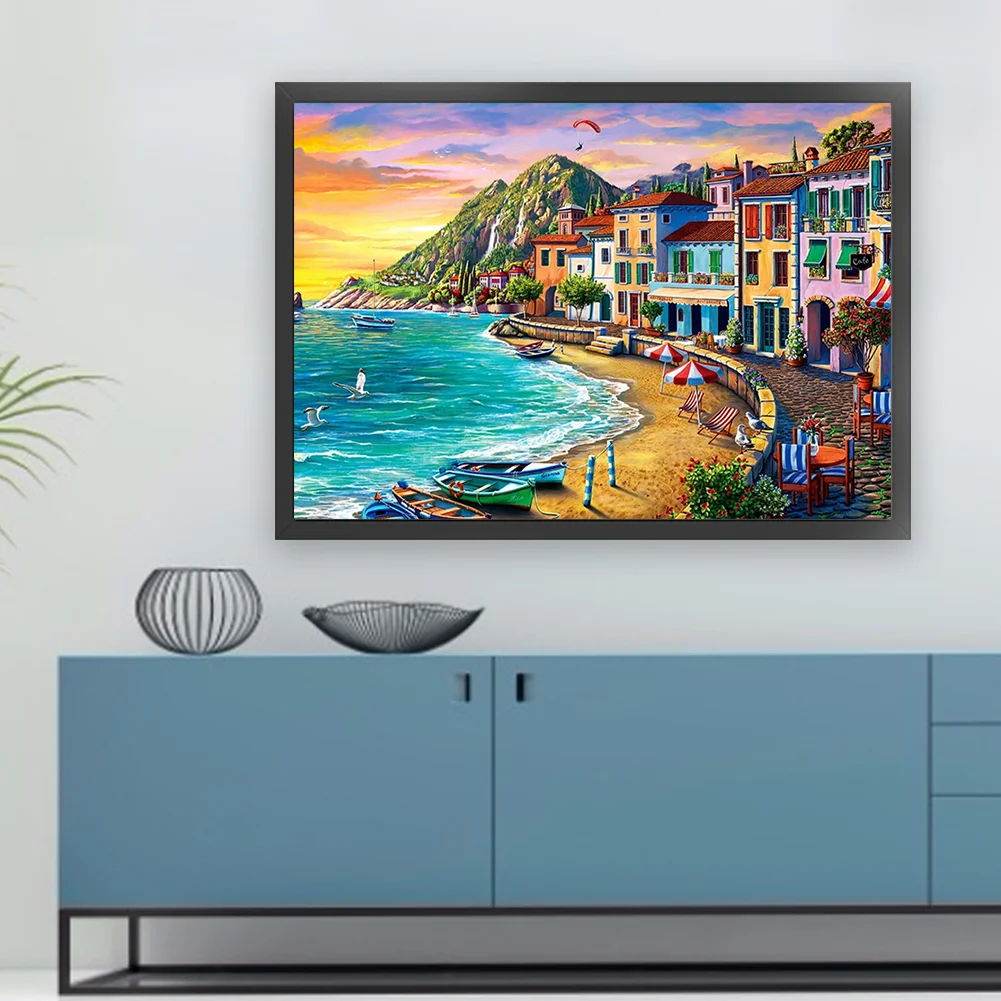 16CT Full Stamped Cross Stitch - Beachside City(Canvas|60*45CM)