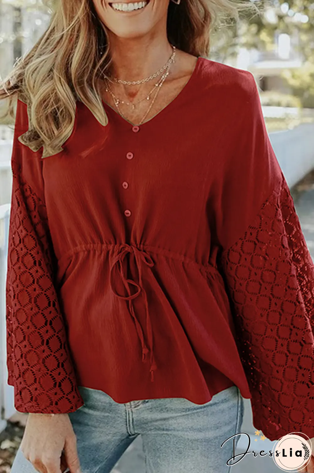 Casual Solid Lace Frenulum Buckle V Neck Tops