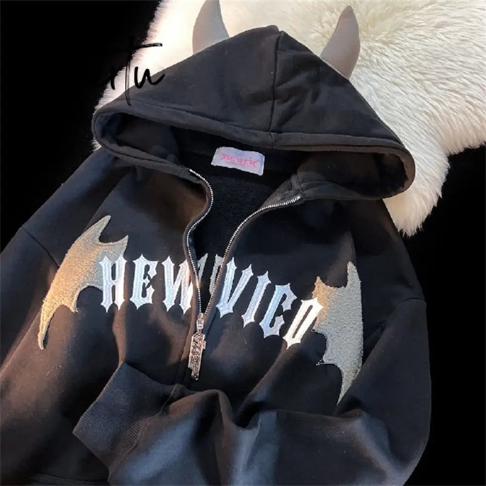 Hip Hop Dark Bat Wing Devil Horn Gothic Zip Up Hoodie Jacket Men Women Oversized Sweatshirt Kawaii Clothes Harajuku Winter Y2K Aiertu